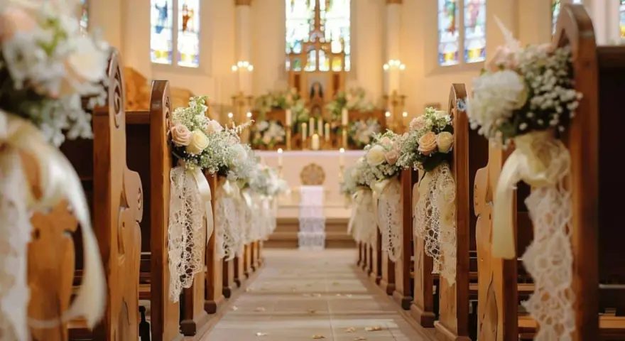Allée d'église décorée pour un mariage. Des bouquets de fleurs et de la dentelle ornent les bancs, créant une ambiance romantique. Déco église mariage à faire soi-même.