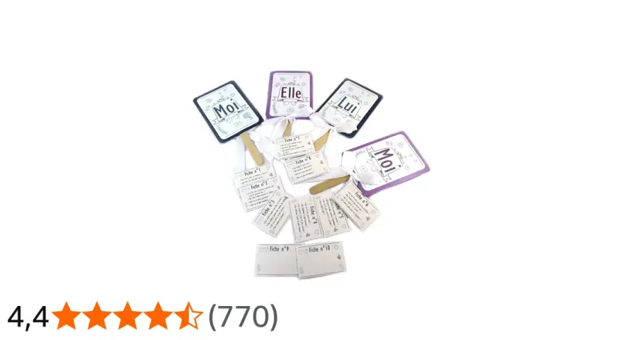 Un jeu de cartes "Elle et Lui" pour une question amusante. Des fiches avec des questions pour mieux se connaître.