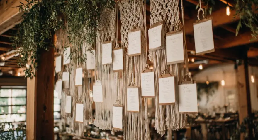 Disposition table de mariage bohème avec des cartes suspendues à des macramés et des feuillages.