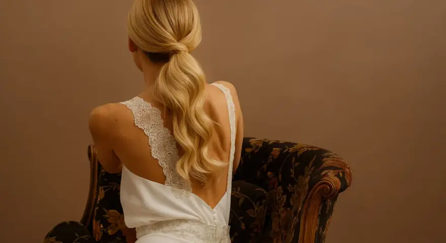Une invitée de mariage arbore une élégante robe blanche et une queue de cheval blonde, assise sur un fauteuil fleuri.