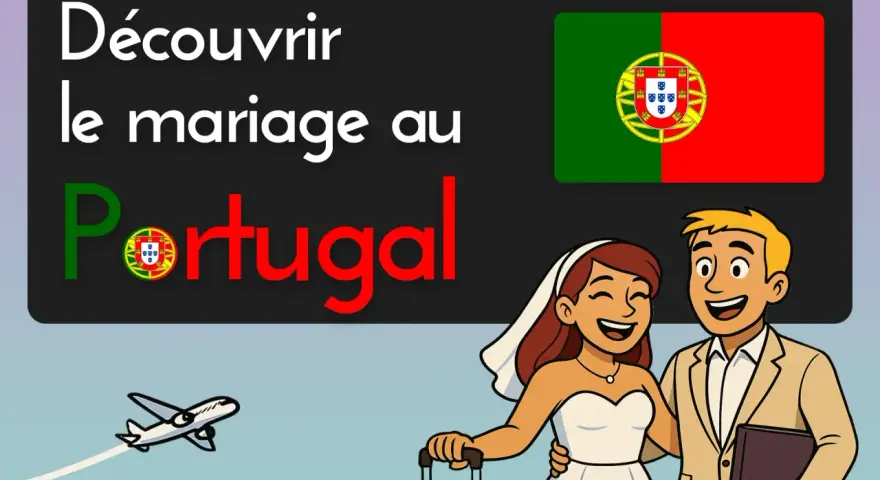 Un couple joyeux s'envole pour son mariage Portugal. L'avion décolle, le drapeau portugais flotte.