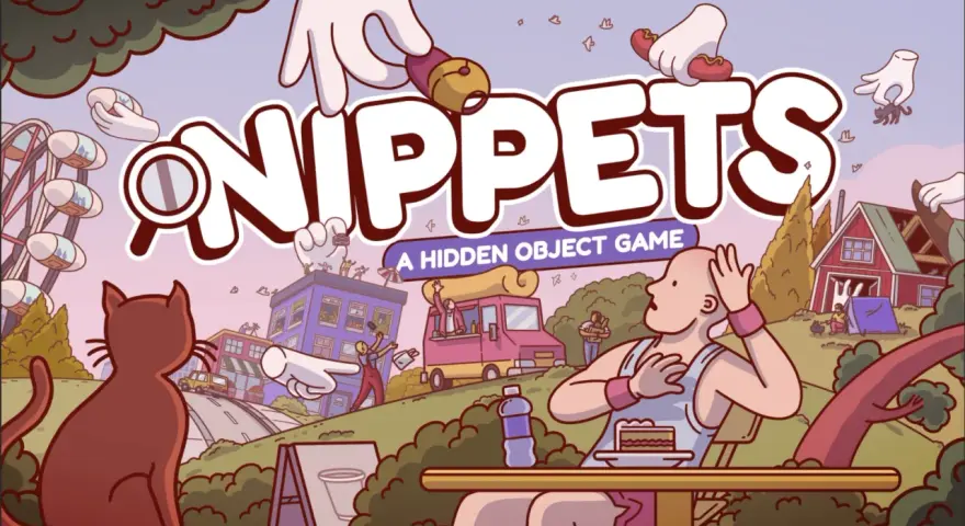 Illustration du jeu "Nippets", un jeu d'objets à aller chercher. Des mains géantes manipulent des objets dans une scène animée.
