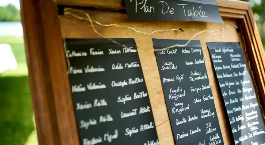 Plan de table pour 4 personnes, affichant des noms manuscrits sur des tableaux noirs.