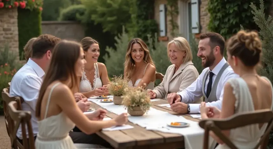 Un groupe de personnes souriantes partage un repas en plein air, profitant de jeux mariage petit comité dans un cadre champêtre.