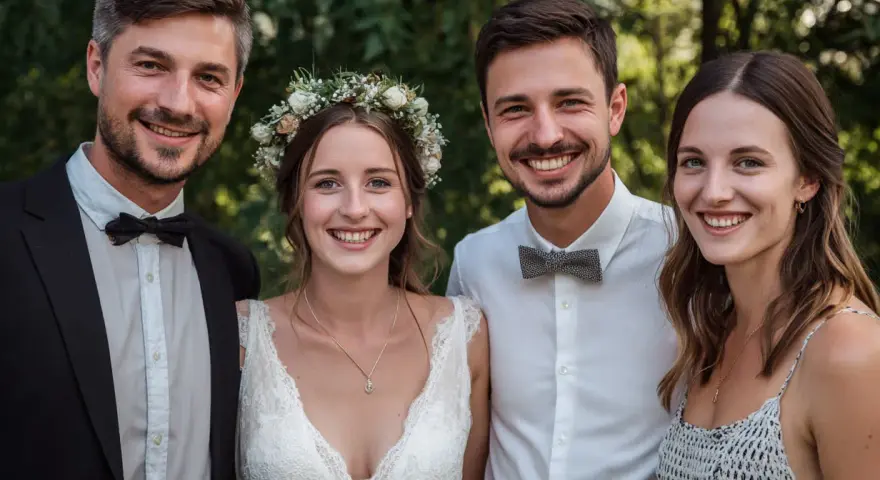 Un couple heureux, entouré de leurs témoins, après la cérémonie à la mairie. La mariée porte une couronne de fleurs.