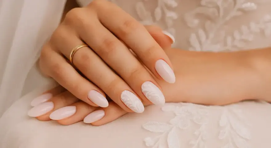 Mains d'une mariée avec des ongles tendance, ornés d'une bague dorée et d'un motif floral délicat sur un ongle.