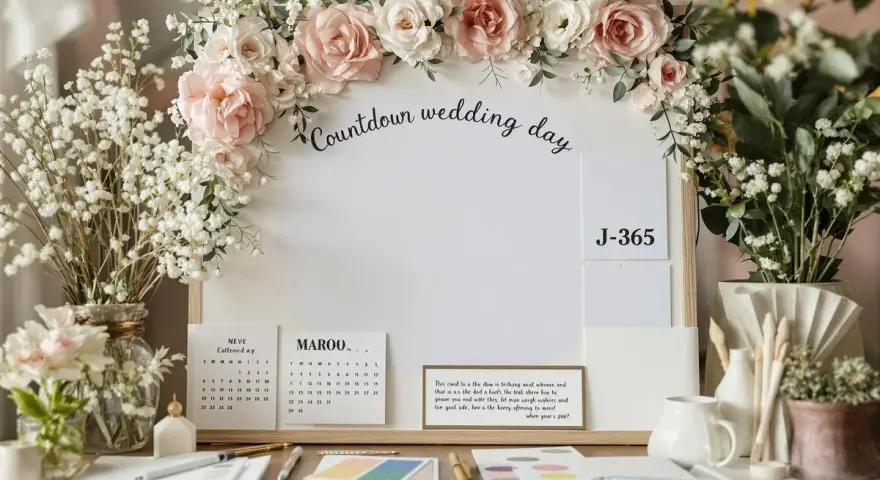 J-365 mariage : un tableau de compte à rebours décoré de roses et de gypsophile, avec des calendriers et des notes.