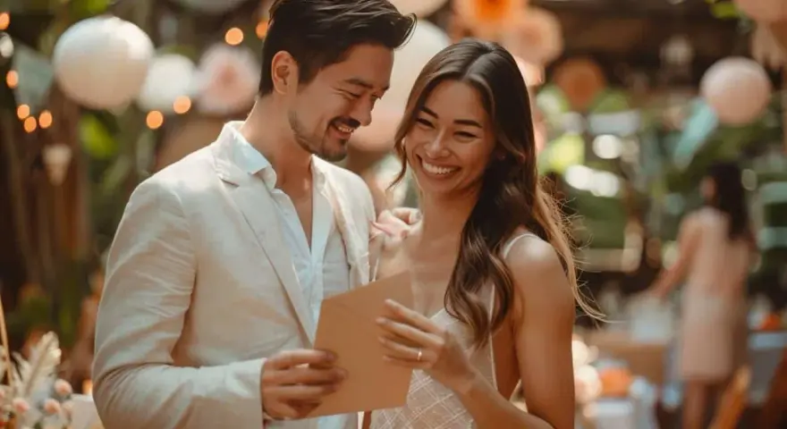 Un couple souriant lit une carte lors d'un mariage en plein air. Ils semblent discuter de combien donner pour un apéro de mariage.