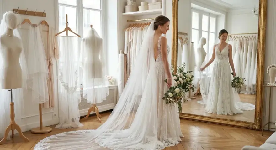 Une mariée avec des cheveux lâchés sous un voile, tenant un bouquet, admire sa robe dans un miroir.