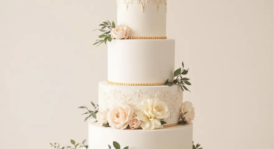 Magnifique gâteau de mariage traditionnel à quatre étages, orné de dentelle dorée, de roses pâles et de feuillage.