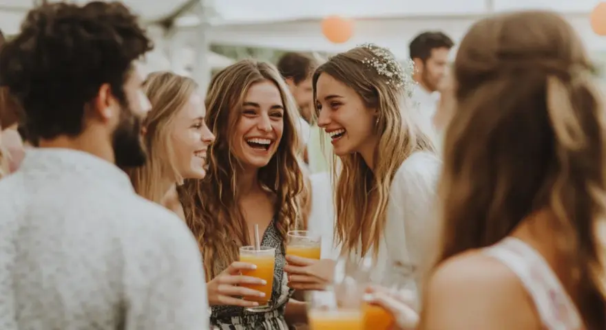 Des jeunes femmes rient joyeusement lors d'une fête de mariage, un verre à la main. L'ambiance est festive, presque comme une "murder party mariage" où le suspense est remplacé par la joie.
