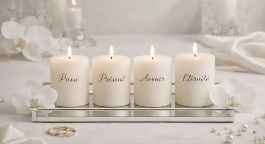 Quatre bougies allumées symbolisant le rituel des bougies mariage : Passé, Présent, Avenir, Éternité. Ornées d'orchidées blanches et d'alliances.