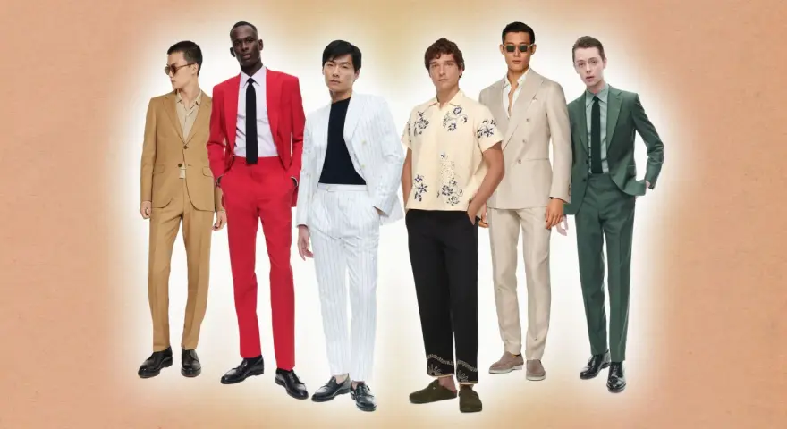 Six hommes présentent des tenues variées, dont une tenue invitée mariage bohème chic homme avec un costume beige décontracté.