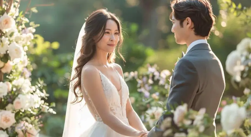 Un couple de mariés se tient la main, entouré de fleurs, sous un soleil doux.