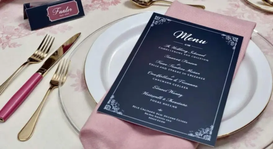 Un exemple de menu de mariage original sur une table dressée avec élégance.