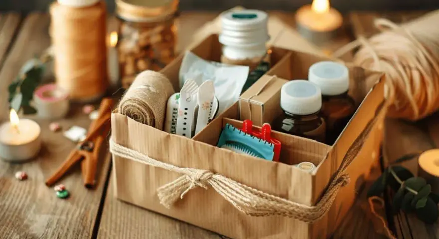 Un joli kit de survie mariage pour invités, rempli de petites attentions.