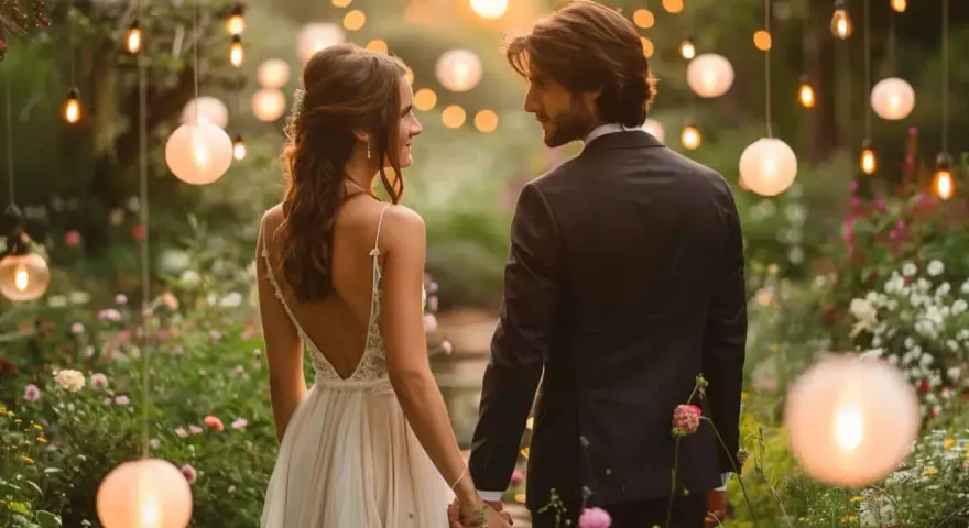Un couple se tient la main dans un jardin illuminé de lanternes, un moment de tendresse qui révèle les plus belles surprises de mariage.