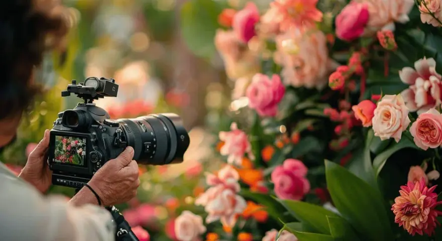Un témoin filme un mariage avec un appareil photo professionnel, capturant la beauté des fleurs. Une idée vidéo mariage témoin parfaite.