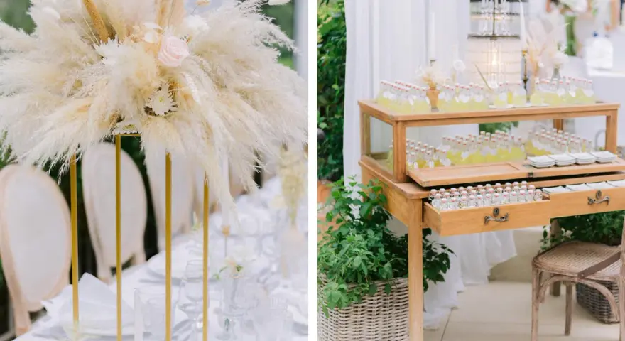Décoration de mariage bohème avec pampas et bar à limonade. Une belle idée pour une organisation mariage soi-même.