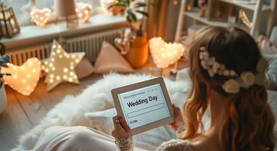 Une mariée consulte un guide sur sa tablette, le "Wedding Day", entourée de lumières en forme de cœur et d'étoiles. Le planning mariage jour j est en cours de préparation.