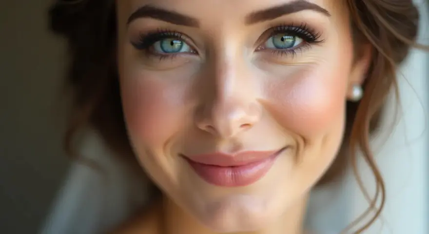 Un maquillage mariage sublime des yeux bleus perçants, rehaussés de cils longs et d'un blush délicat.
