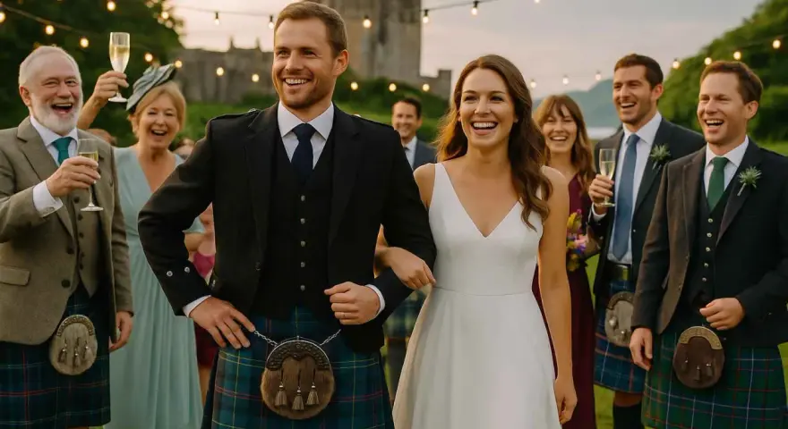 Un couple rayonnant célèbre son mariage en Écosse, entouré de leurs proches. Les kilts traditionnels ajoutent une touche d'authenticité à cette journée mémorable.