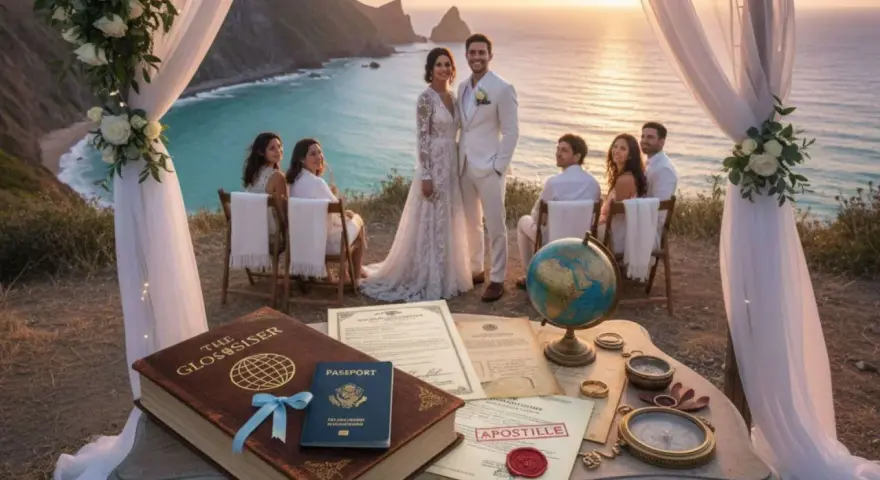 Un couple se marie à l'étranger, entouré de témoins, avec un globe et des documents suggérant un mariage international.