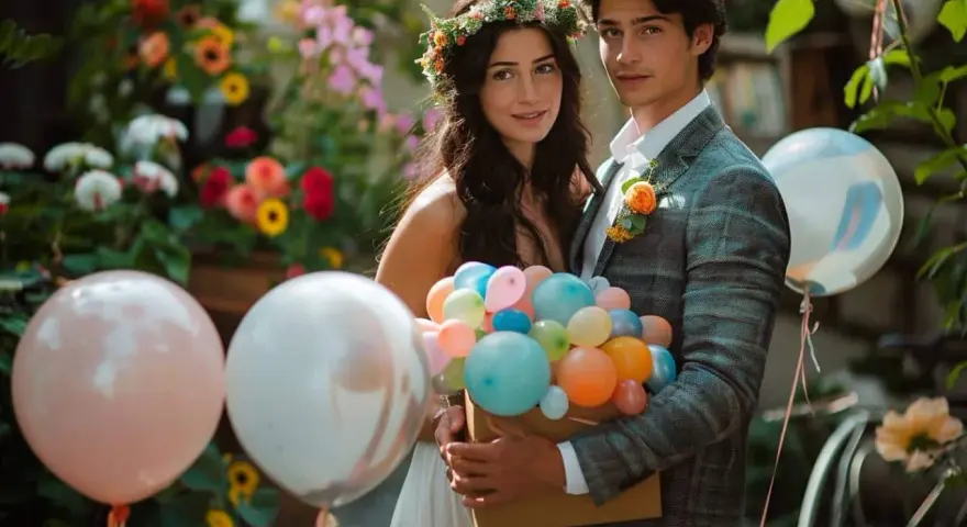 Un jeune couple, elle couronnée de fleurs, lui en costume, tient un bouquet de ballons colorés. Une belle idée surprise mariage.