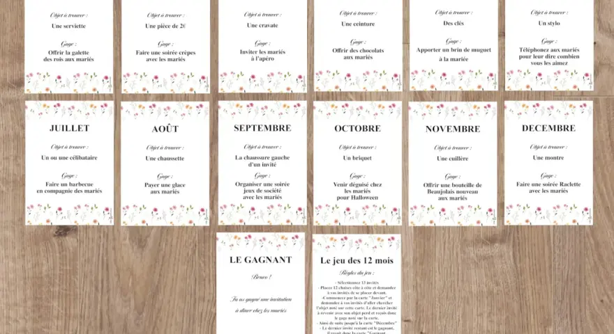Cartes de jeux mariage "12 mois de l'année" avec des gages et objets à trouver pour chaque mois.