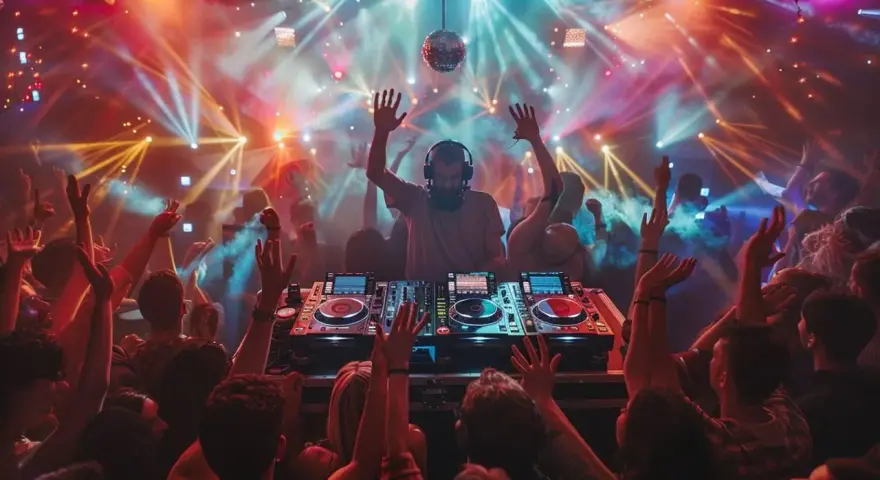 DJ mixant une chanson marrante pour soirée, foule en délire sous les lumières disco.