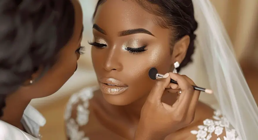 Maquillage peau noire mariage : une mariée resplendissante, le teint sublimé par des touches dorées et scintillantes. Ses yeux et ses lèvres brillent de mille feux.
