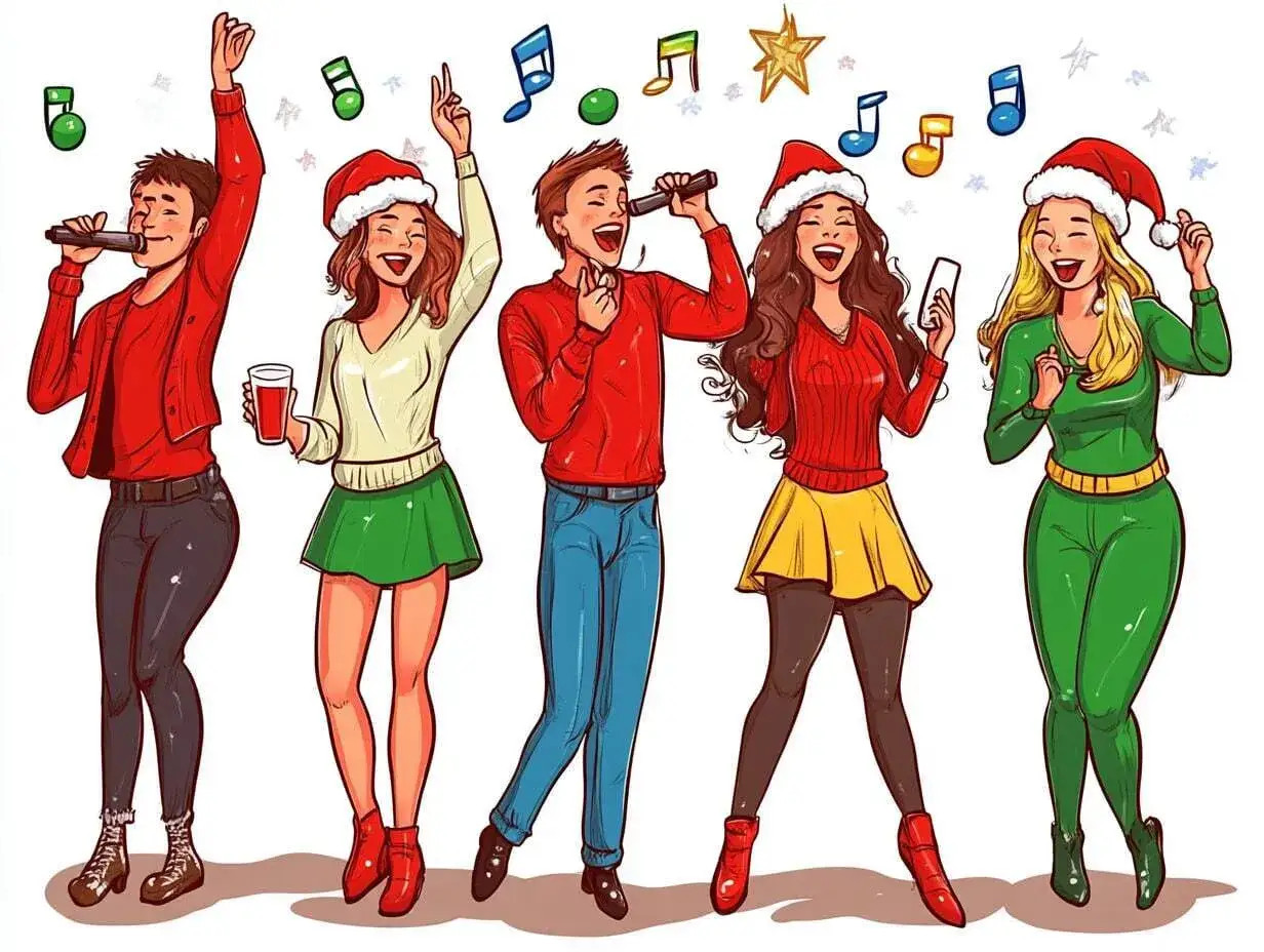Cinq amis chantent et dansent joyeusement, créant une ambiance parfaite pour une chanson marrante pour soirée.