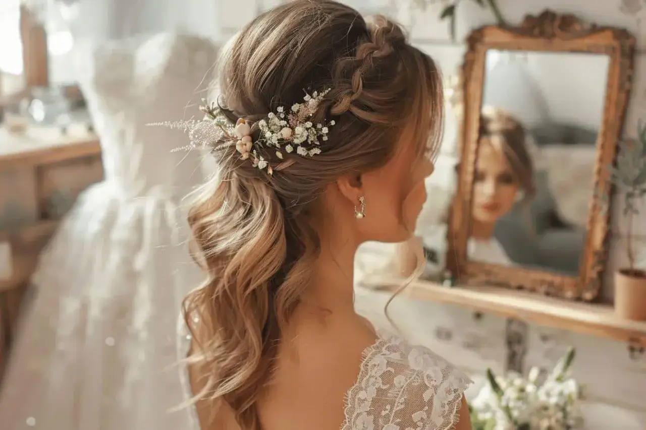 Une mariée avec un voile discret, ses cheveux lâchés ornés de fleurs délicates, se reflète dans un miroir ancien.