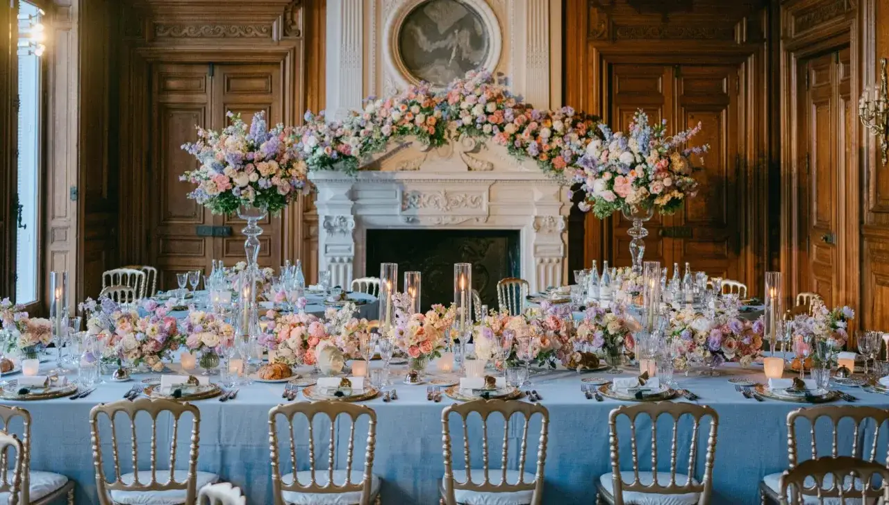 Table dressée pour une organisation mariage de rêve, avec des fleurs pastel, des bougies et des chaises dorées dans un décor somptueux.