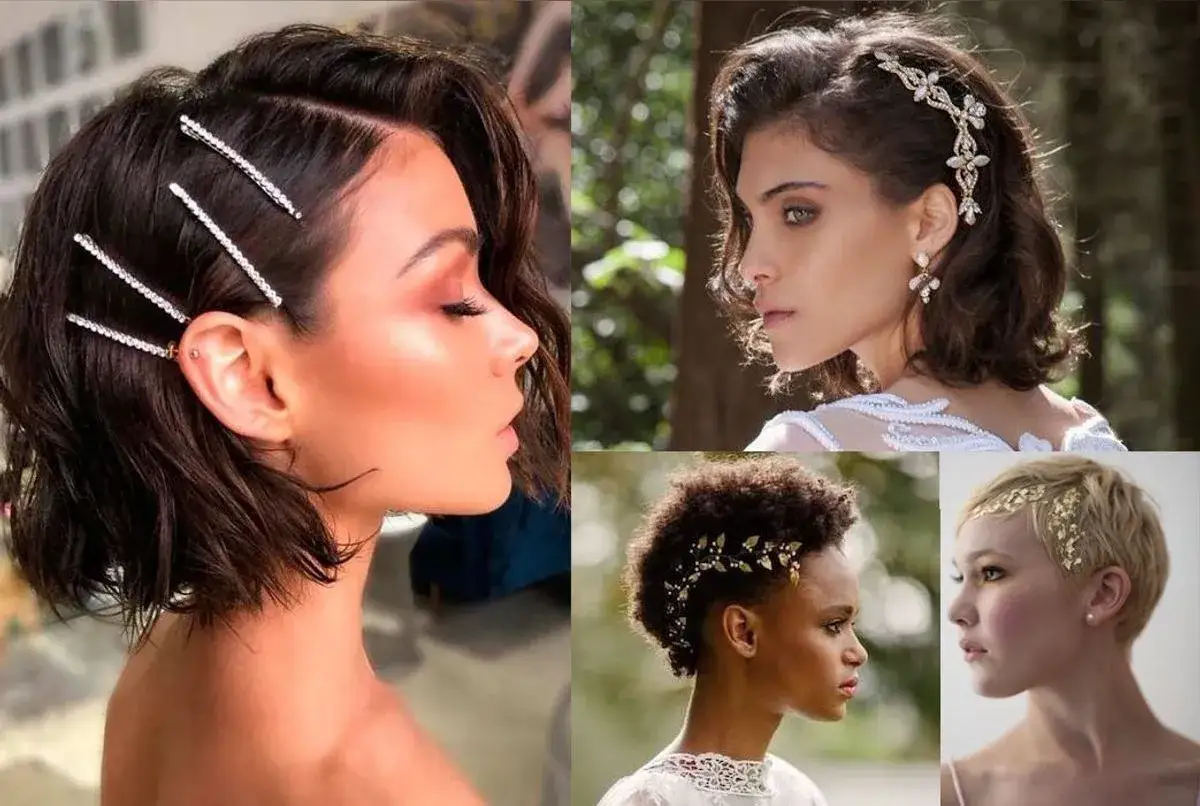 Coiffure mariage cheveux court et fin : épingles scintillantes, diadème fleuri, bijou végétal, feuilles d'or.