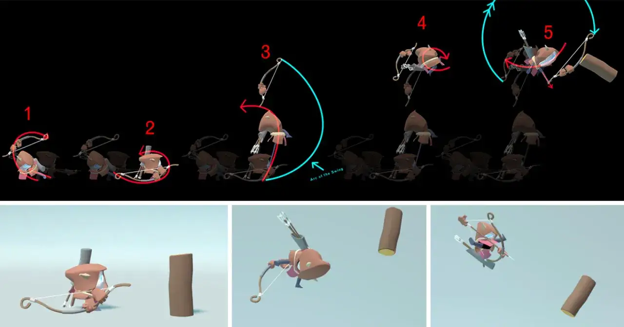 Séquence d'animation d'un archer effectuant un saut périlleux pour un jeu des objets à aller chercher liste.