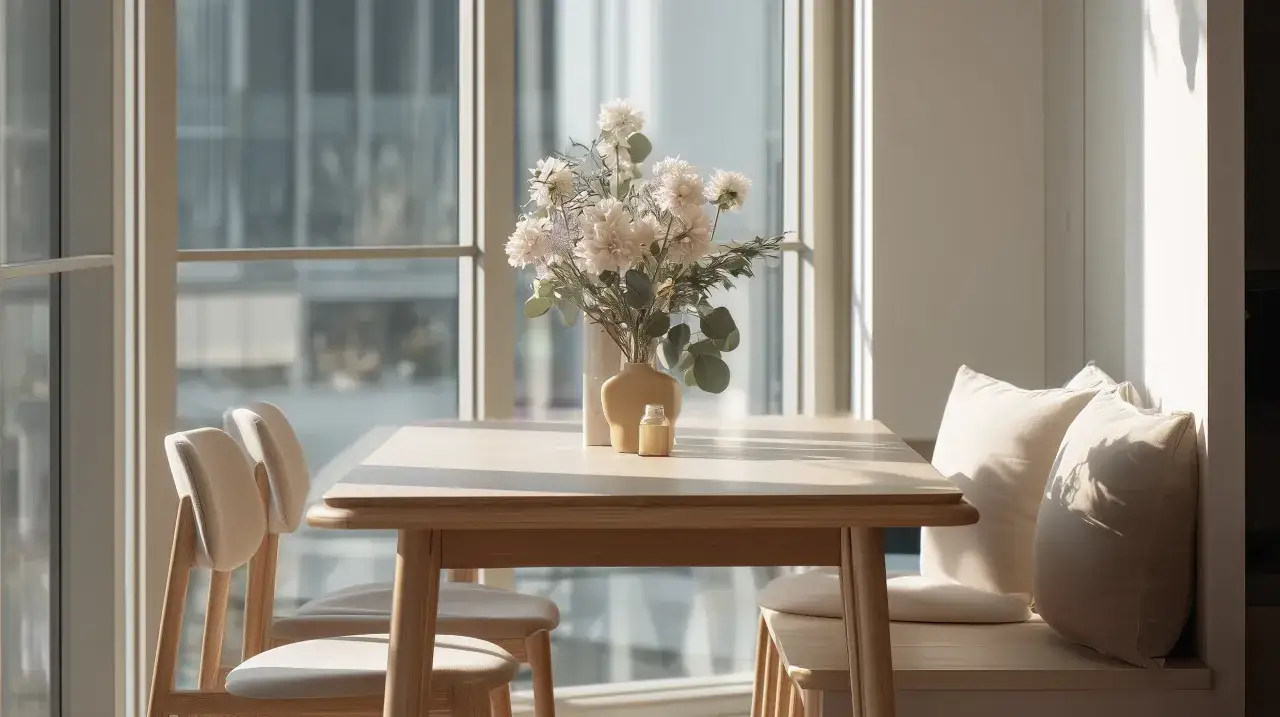 Un joli plan de table 4 personnes avec un bouquet de fleurs et des coussins douillets, prêt pour un repas convivial.