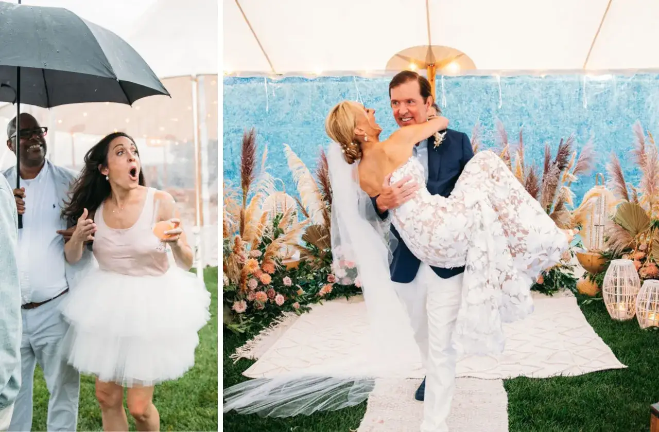 Un marié porte sa mariée, entourés de décorations florales. Sur la gauche, une femme sous un parapluie semble surprise, peut-être par les plus belles surprises de mariage.
