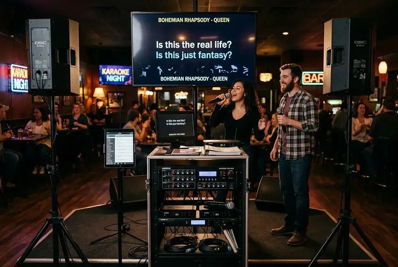Un couple chante en duo lors d'une soirée karaoké. L'écran affiche les paroles de