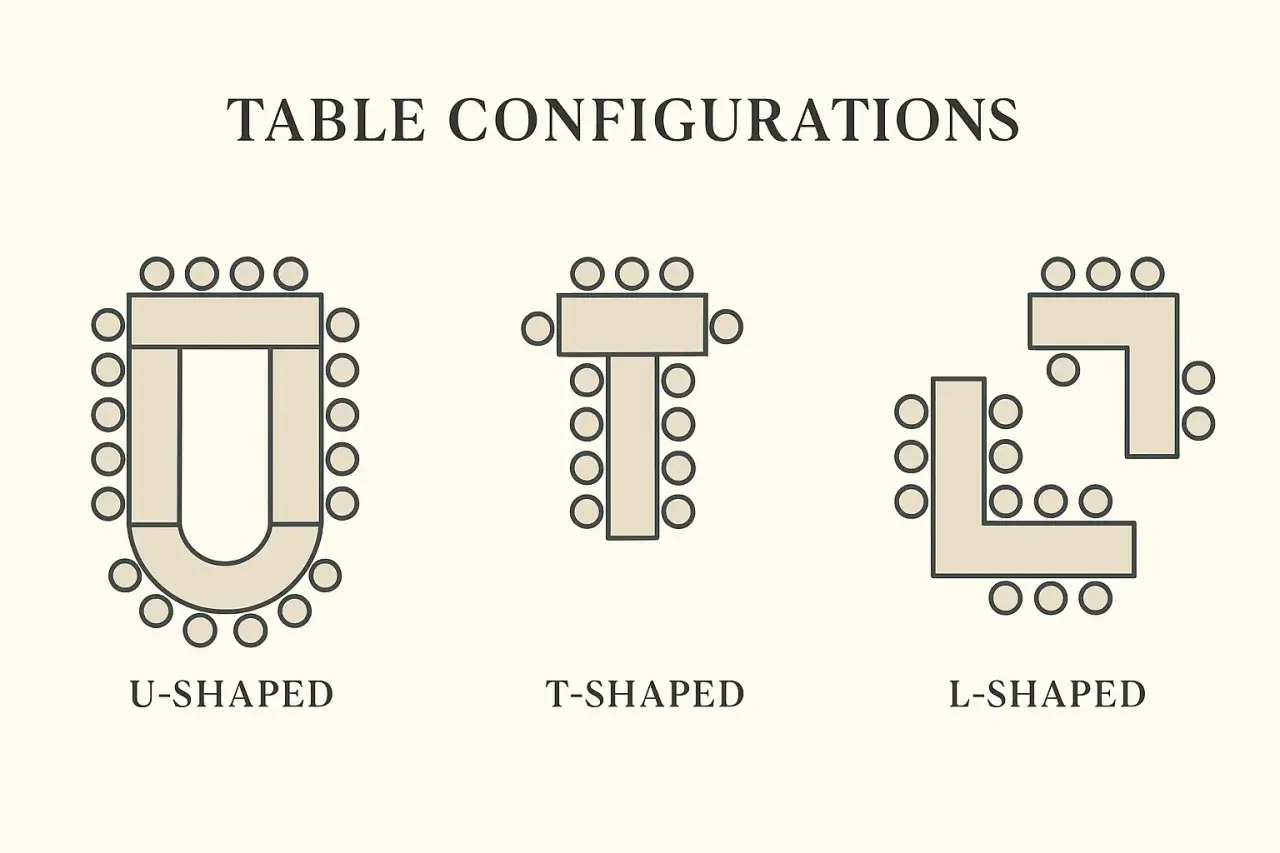 Schéma de différentes configurations de tables pour un mariage : en U, en T et en L. Le plan de table en U est idéal pour une réception conviviale.