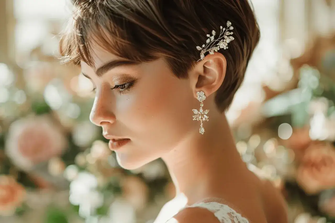 Mariée aux cheveux courts, parée de bijoux scintillants, son regard rêveur se perd dans la douceur des fleurs.