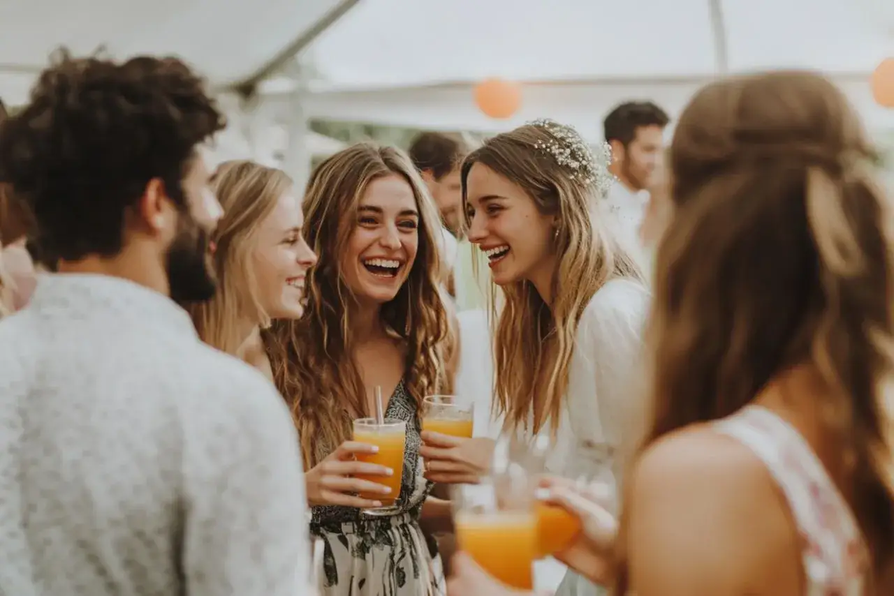 Des jeunes femmes rient joyeusement, verre à la main, lors d'une fête. Une belle idée surprise mariage pour un moment inoubliable.