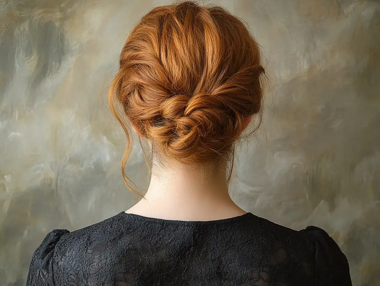 Vue arrière d'une femme aux cheveux roux, coiffée d'un chignon tressé complexe. Ce style de coiffure met en valeur différents chignon, élégant et sophistiqué.