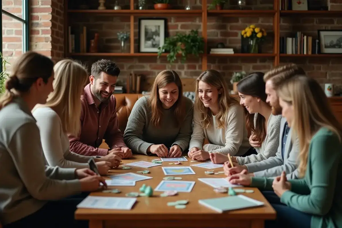 Un groupe d'amis rit autour d'une table, participant à des jeux mariage petit comité. Des cartes et des jetons sont étalés, suggérant une ambiance conviviale et ludique.