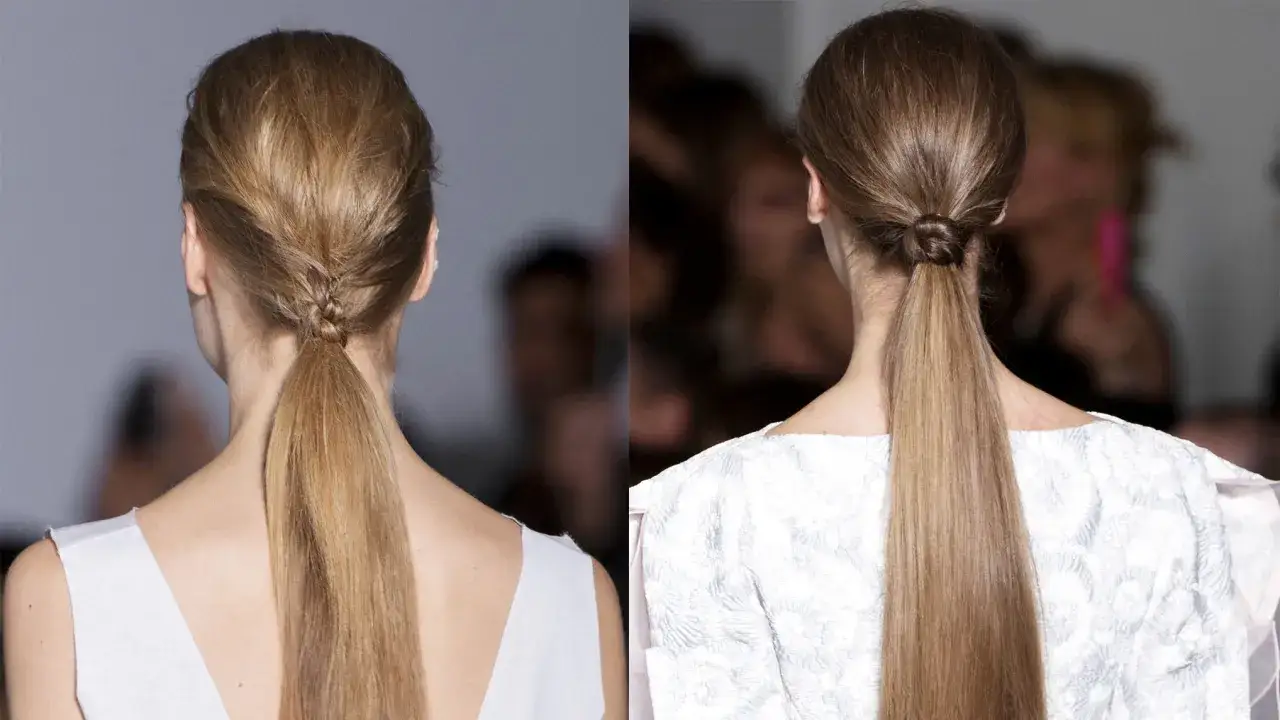 Deux coiffures élégantes : une queue de cheval basse avec une tresse subtile et une autre avec un nœud chic. Parfaites pour un mariage.