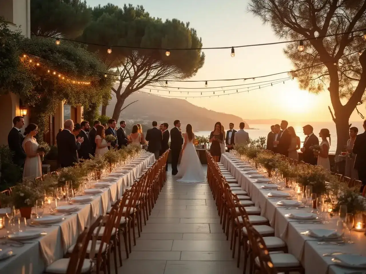 Un mariage de rêve au coucher du soleil, avec des tables dressées pour une fête mémorable. Quand se marier ? Ici, c'est parfait !