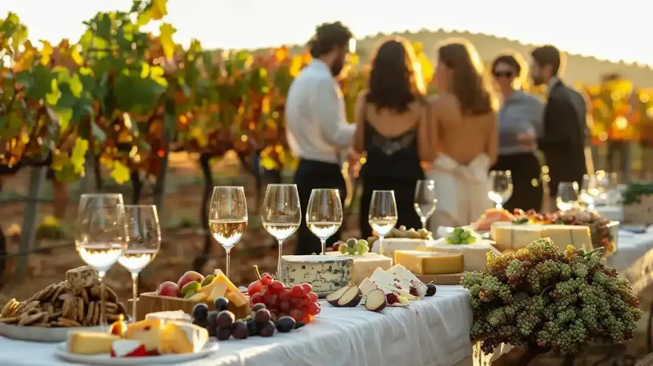 Un buffet de fromages et de fruits dans un vignoble, avec des invités en arrière-plan. Une belle scène pour la fête de mariage.