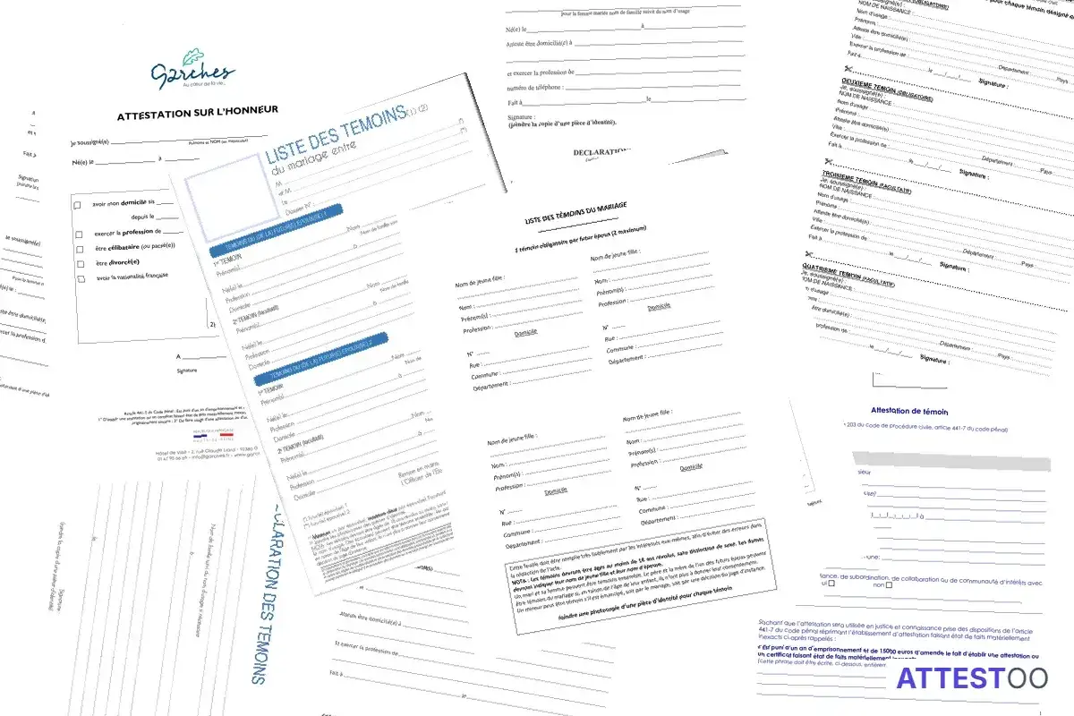 Documents pour la formalité mariage : attestations sur l'honneur, listes de témoins et déclarations.
