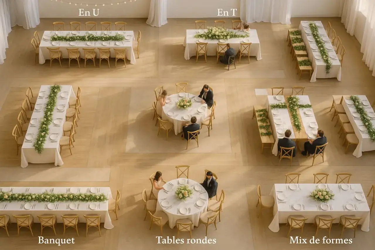Différentes dispositions de salle pour un mariage : tables en U, en T, banquet, tables rondes et mix de formes, toutes décorées de fleurs.