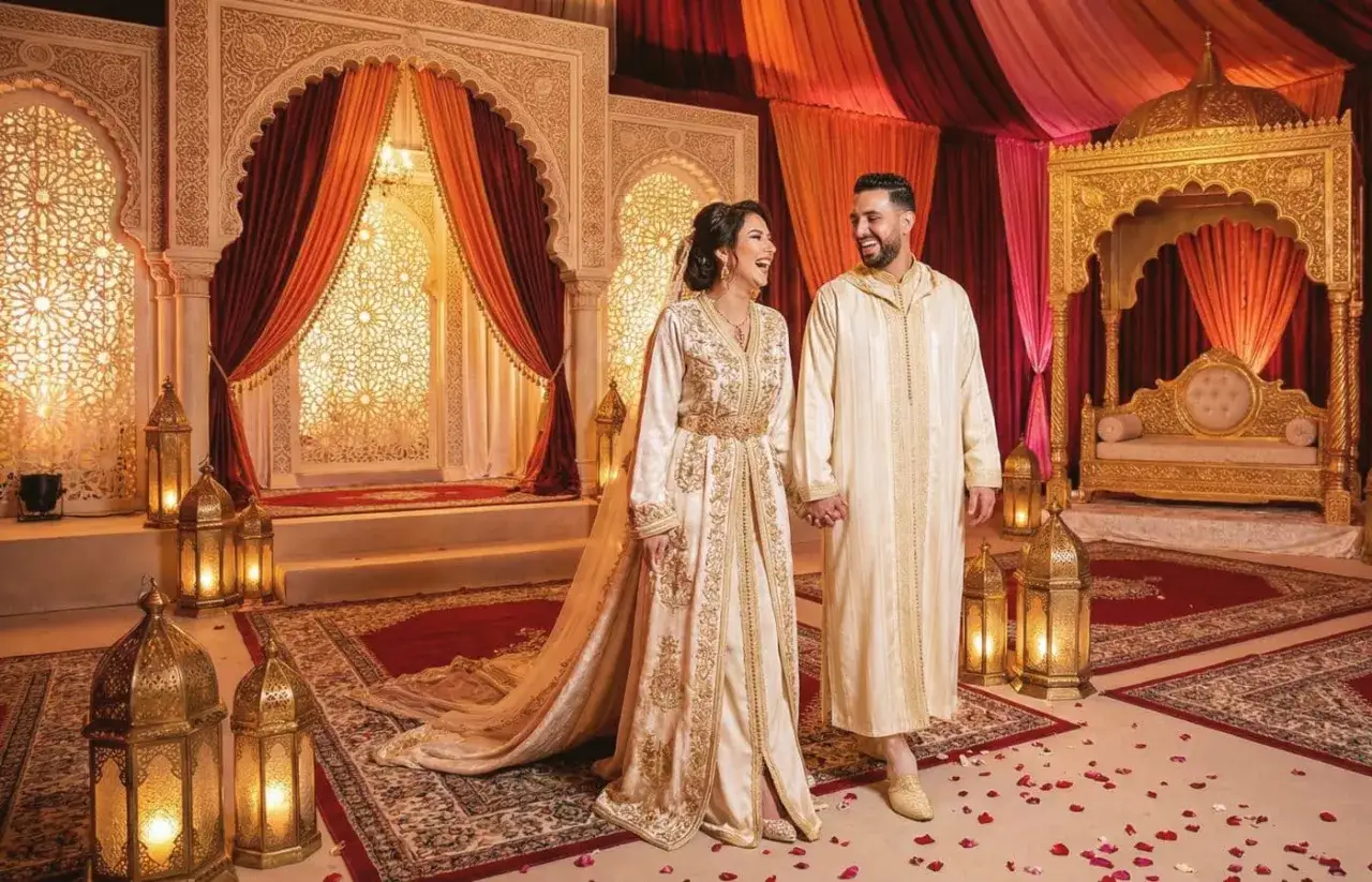 Un couple rayonnant lors d'un mariage arabe, paré de tenues traditionnelles, entouré d'une décoration somptueuse aux couleurs chaudes et de lanternes dorées.